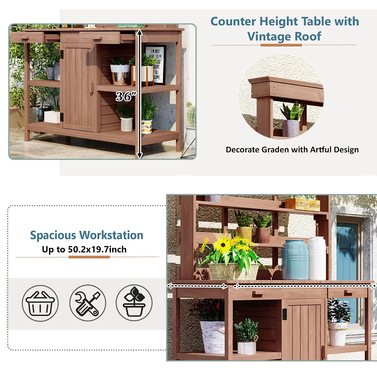 66-Inch Outdoor Potting Bench with 2 Drawers, Cabinets, and Open Shelves, Anti-Falling Safety Device, Wooden Garden Potting Table for Backyard, Patio Brown As Shown One Size