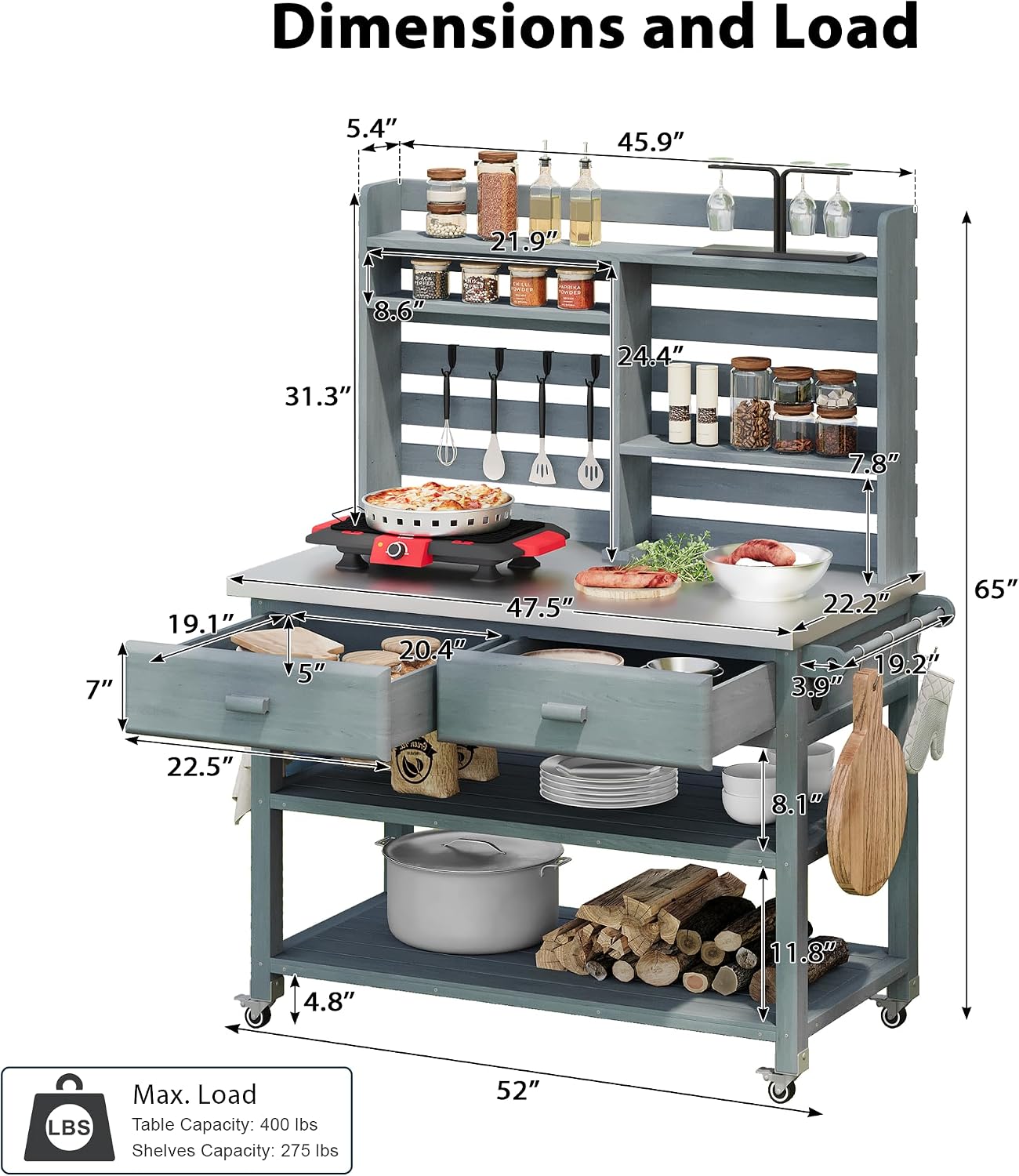Outdoor Potting Bench Table with Lockable Wheels, Wood Outdoor Workbench with Upper Hutch, Stainless Steel Top, Towel Rack for Grilling, Lawn Garden (Grey Blue, 64.9' H)