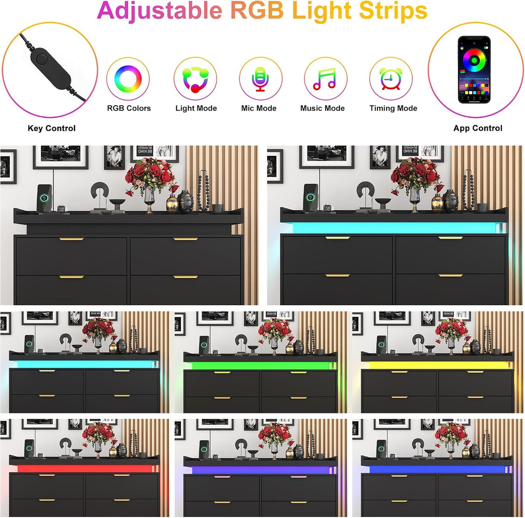 6 Drawer Dresser for Bedroom, Black Dresser with LED Lights and Power Outlet, Modern Chest of Drawers for Closet, Double Wide Drawer Organizer Cabinet for Bedroom, Living Room, Entryway, Hallway