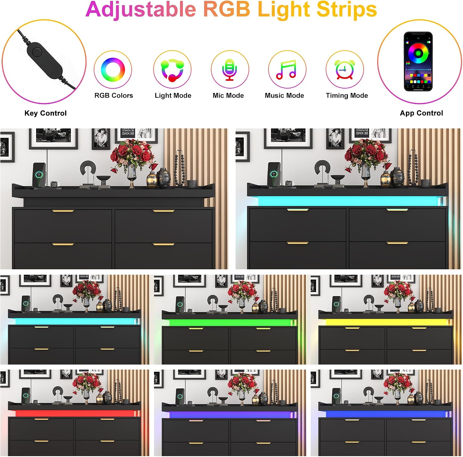 6 Drawer Dresser for Bedroom, Black Dresser with LED Lights and Power Outlet, Modern Chest of Drawers for Closet, Double Wide Drawer Organizer Cabinet for Bedroom, Living Room, Entryway, Hallway
