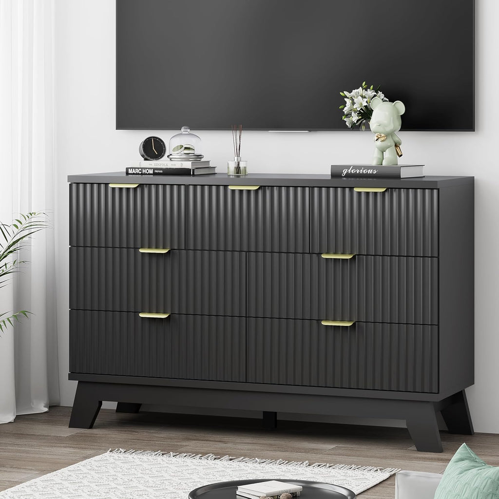 Xixini Fluted Dresser for Bedroom with 7 Drawers, 48' Wide Chest of Drawers with Metal Handle, Modern Wood Dresser TV Stand, Wooden Closet Clothes Storage Organizer for Living Room, Hallway, Black