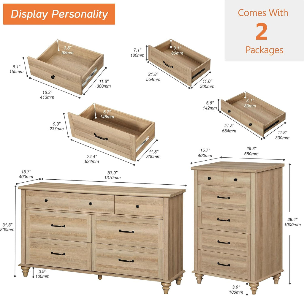 WAMPAT 2 Piece Dresser Set for Bedroom, One Farmhouse Dresser with 7 Drawers, One Baby Chest of Drawers with 5 Drawers, Wooden Closet Storage Organizer Set for Living Room, Kids Room, Oak