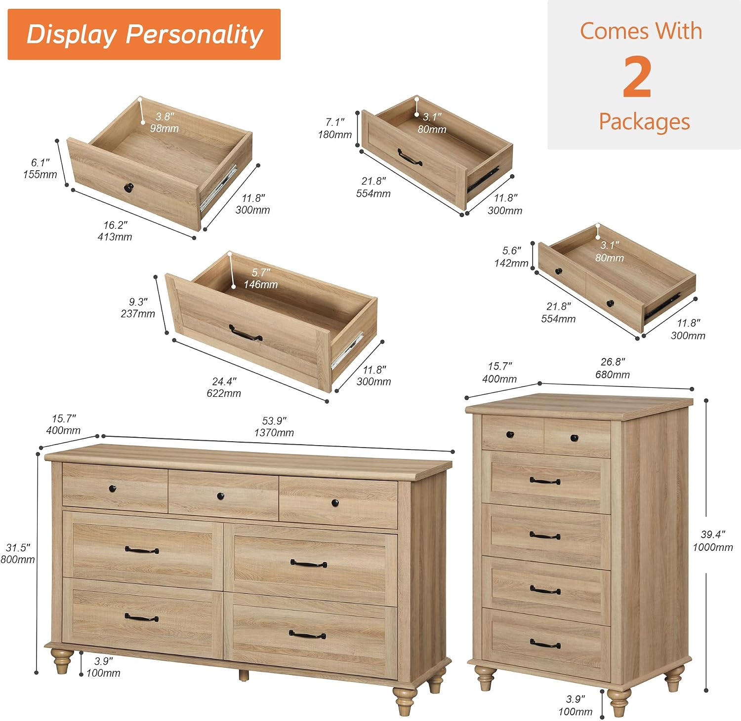 WAMPAT 2 Piece Dresser Set for Bedroom, One Farmhouse Dresser with 7 Drawers, One Baby Chest of Drawers with 5 Drawers, Wooden Closet Storage Organizer Set for Living Room, Kids Room, Oak
