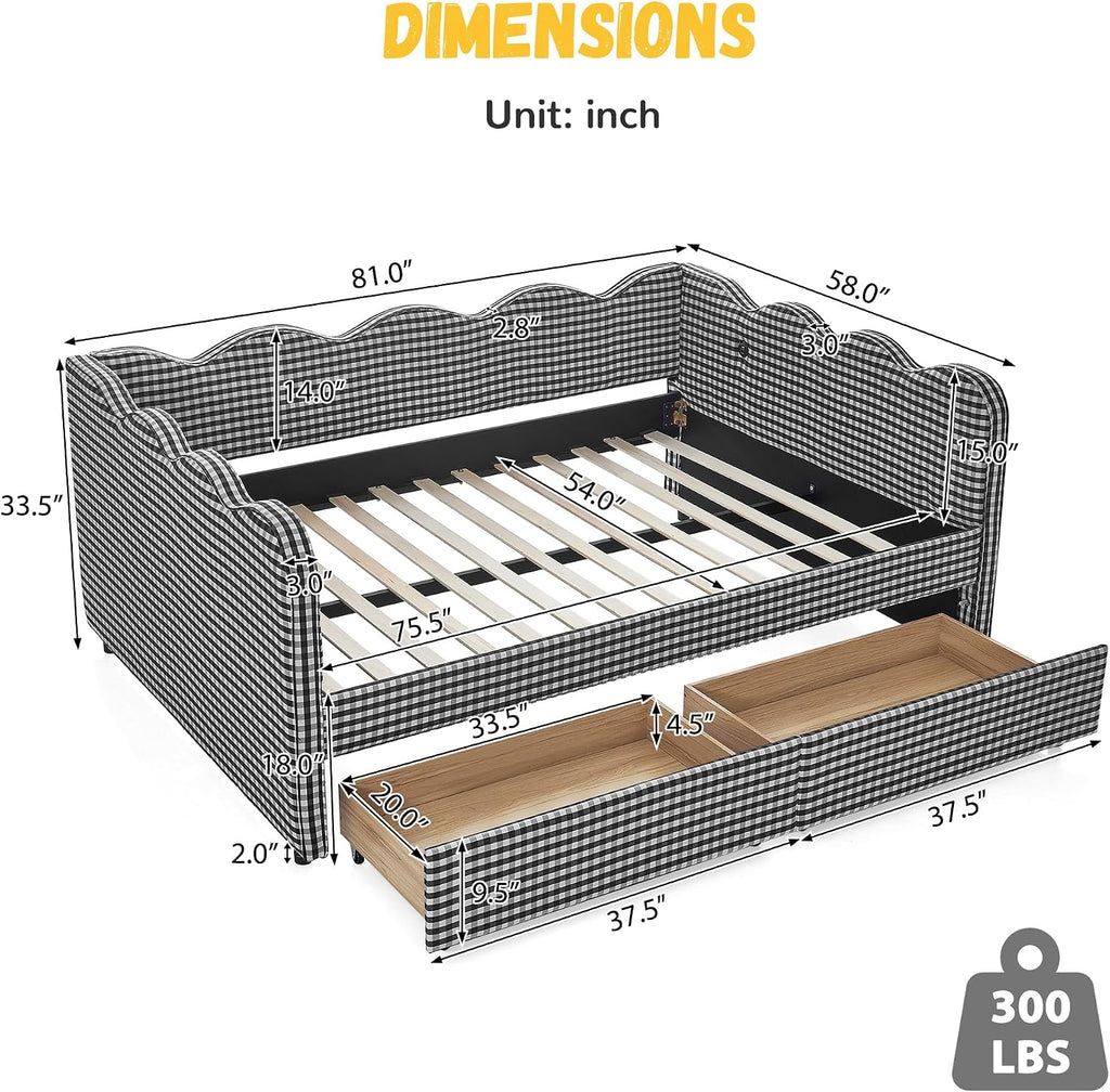 DEINPPA Full Size Upholstered Daybed with 2 Storage Drawers, Gingham Daybed with USB Ports for Bedroom Living Room Guest Room-Black