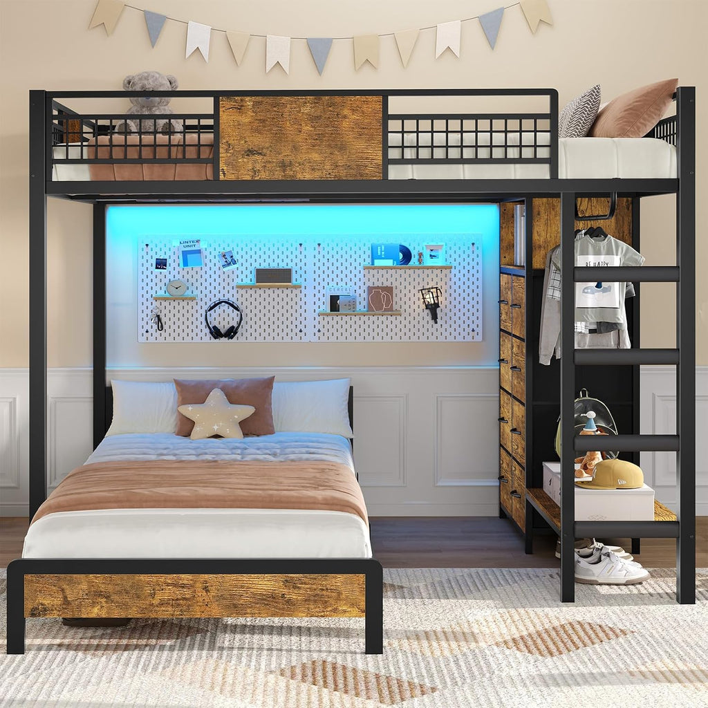 ADORNEVE Full Over Twin Bunk Bed with 8 Storage Drawers, Metal Loft Bed with Led Lights & Storage Shelves, Bunk Beds Twin over Full Size with 13.4' H Safety Guardrail & Ladder, for Kids & Teens, Black