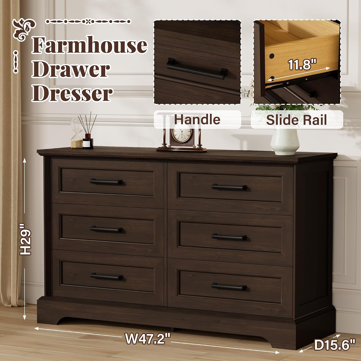 Furmax Farmhouse Dresser for Bedroom, 6 Drawers Dresser, Wood Chest of Drawers, 47.2' Wide Storage Dressers Organizer for Bedroom, Living Room, Dark Brown