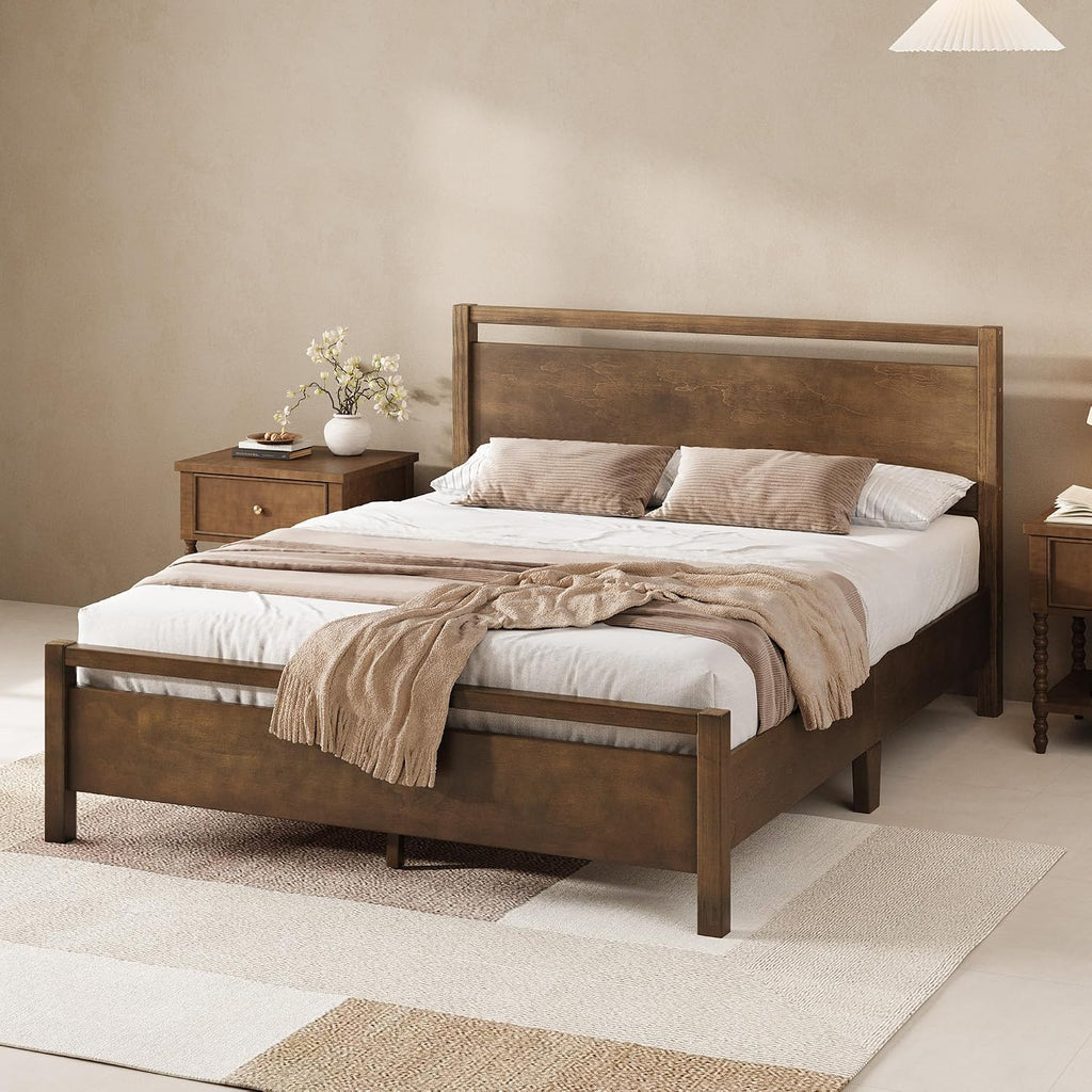AMERLIFE Full Size Solid Wood Bed Frame with Headboard, Minimalist Platform Bed with Wooden Slats Support/No Box Spring Needed/Easy Assembly/Noise-Free, Dark Brown
