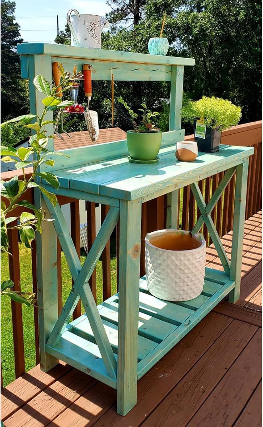 Potting Bench Work Station Garden Wooden Potting Bench Table Work Station Open Shelves Multi-Function Workbench Storage Shelf w/Hook