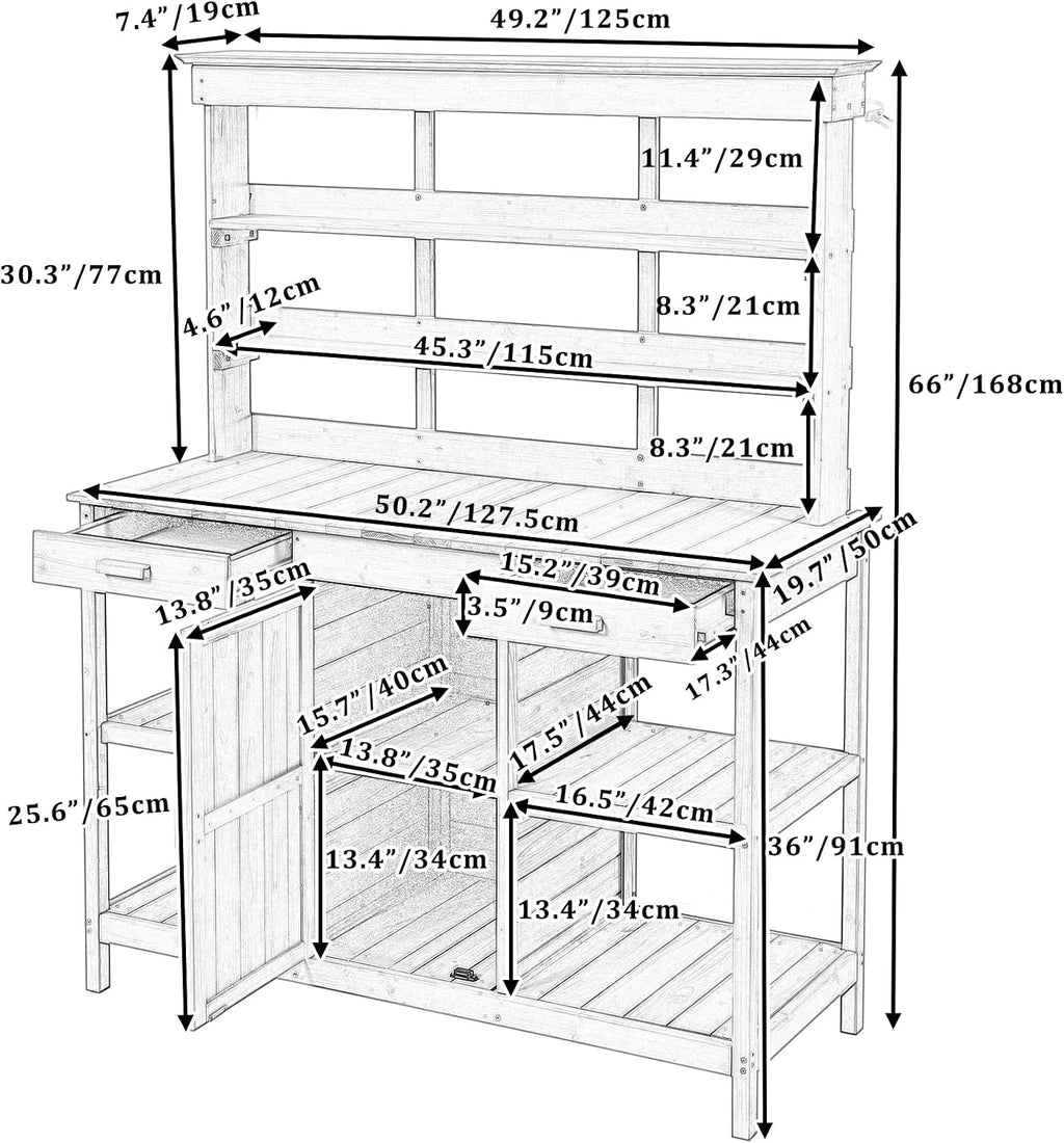 Solid Fir Wood Potting Bench Table - Large Garden Workstation with 2 Drawers, Storage Cabinet & 4-Tier Open Shelves, Heavy Duty Outdoor Prep Table with Anti-Falling Safety Device