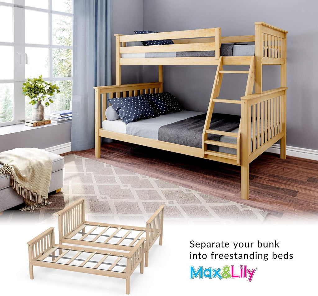 Max & Lily Bunk Bed Twin Over Full Size with Ladder, Solid Wood Platform Bed Frame with Ladder for Kids, 14' Safety Guardrails, Easy Assembly, No Box Spring Needed, Natural