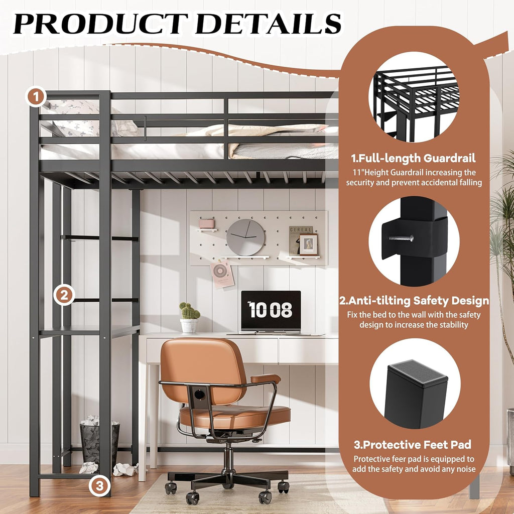 Shintenchi Loft Bed Twin Size with Desk and Storage Shelves, Frame with 2 Side Ladders for Kids, Teens Adults, Spcace-Saving Noise-Free and Anti-tilt Design, Black