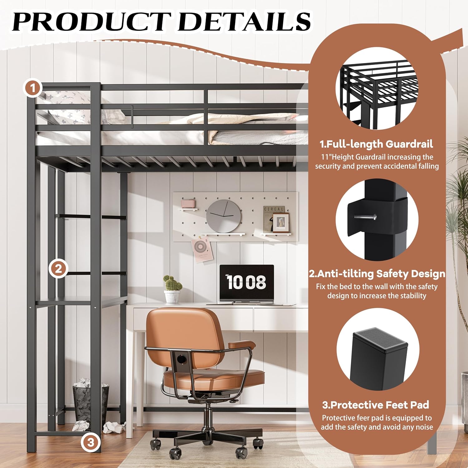 Shintenchi Loft Bed Twin Size with Desk and Storage Shelves, Frame with 2 Side Ladders for Kids, Teens Adults, Spcace-Saving Noise-Free and Anti-tilt Design, Black