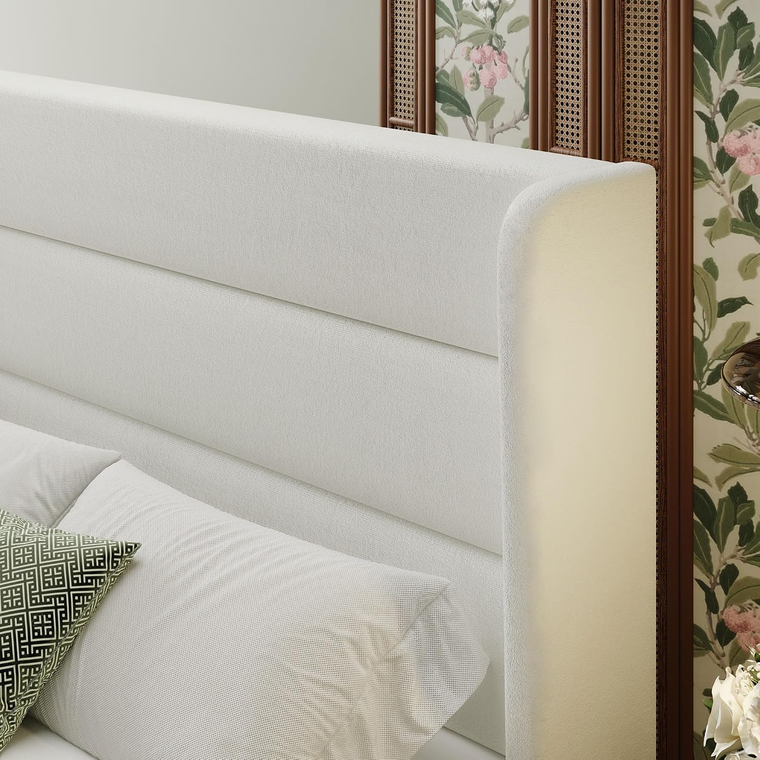 SHA CERLIN Full Size Velvet Bed Frame with Wingback Headboard/Upholstered Platform Bed with Wooden Slats/Mattress Foundation/No Box Spring Needed/Easy Assembly/White