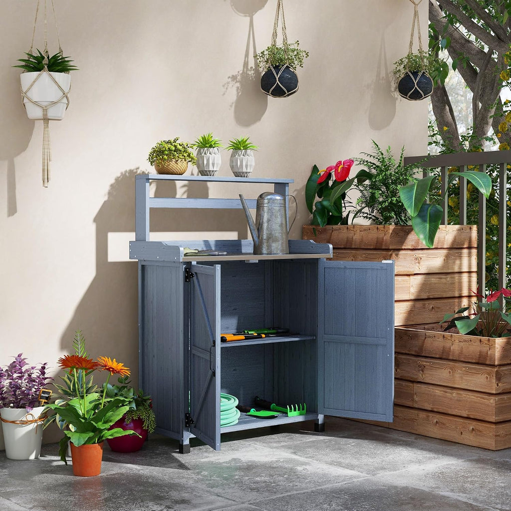 Rustic Farmhouse Potting Bench Workstation Outdoor Wooden Potting Table with Storage Cabinet and Galvanized Table Top Non-Slip Rubber Feet for Backyard, Balcony, Garden, Gray