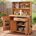 65' H Potting Bench with Hutch and Cabinet, Multi-Functional Outdoor Patio Kitchen Island with Adjustable Shelf and Side Hook, Garden Table with Storage Drawers and Spice Rack Natural