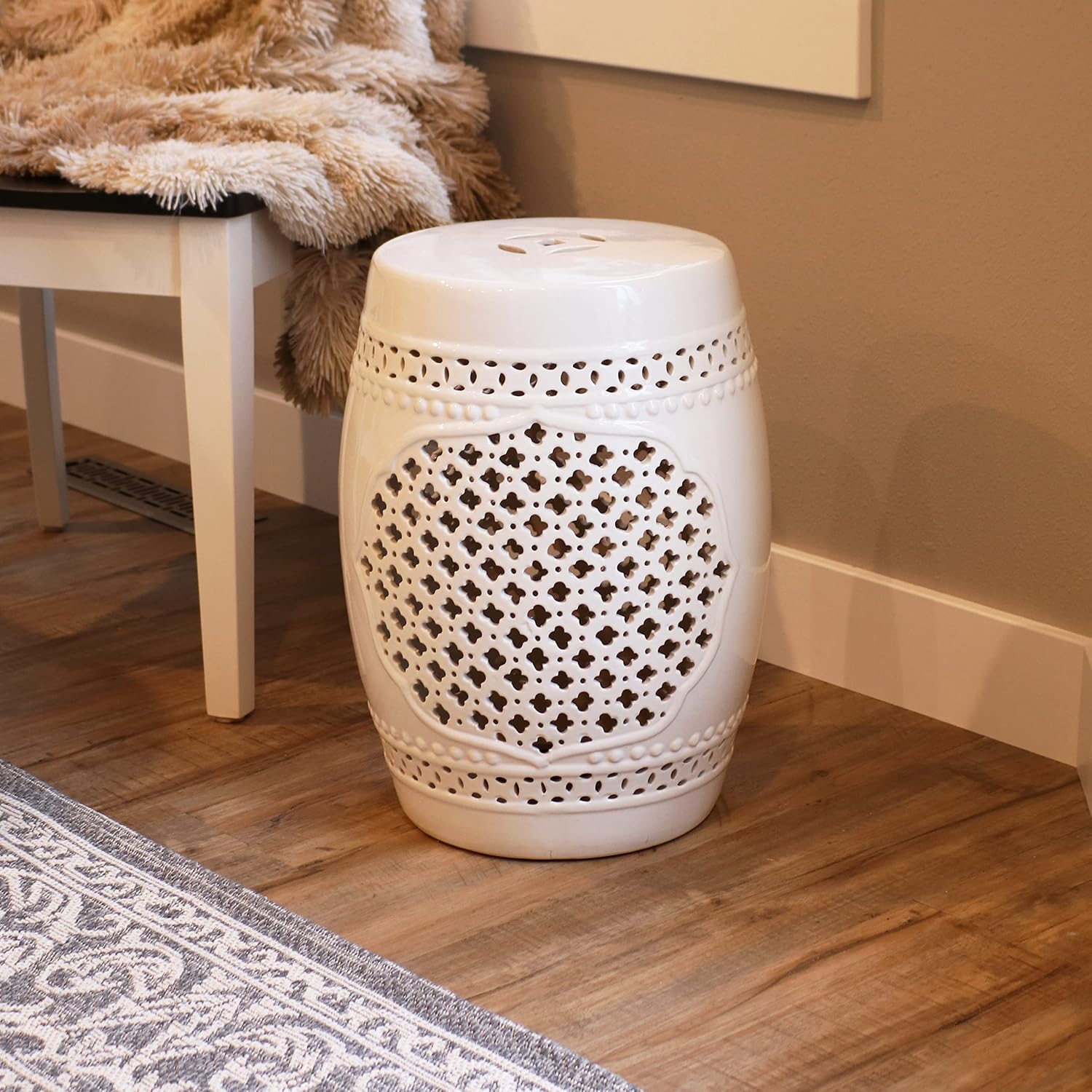 Sunnydaze Ceramic Garden Stool Side Table - Indoor or Outdoor - Marrakesh - White