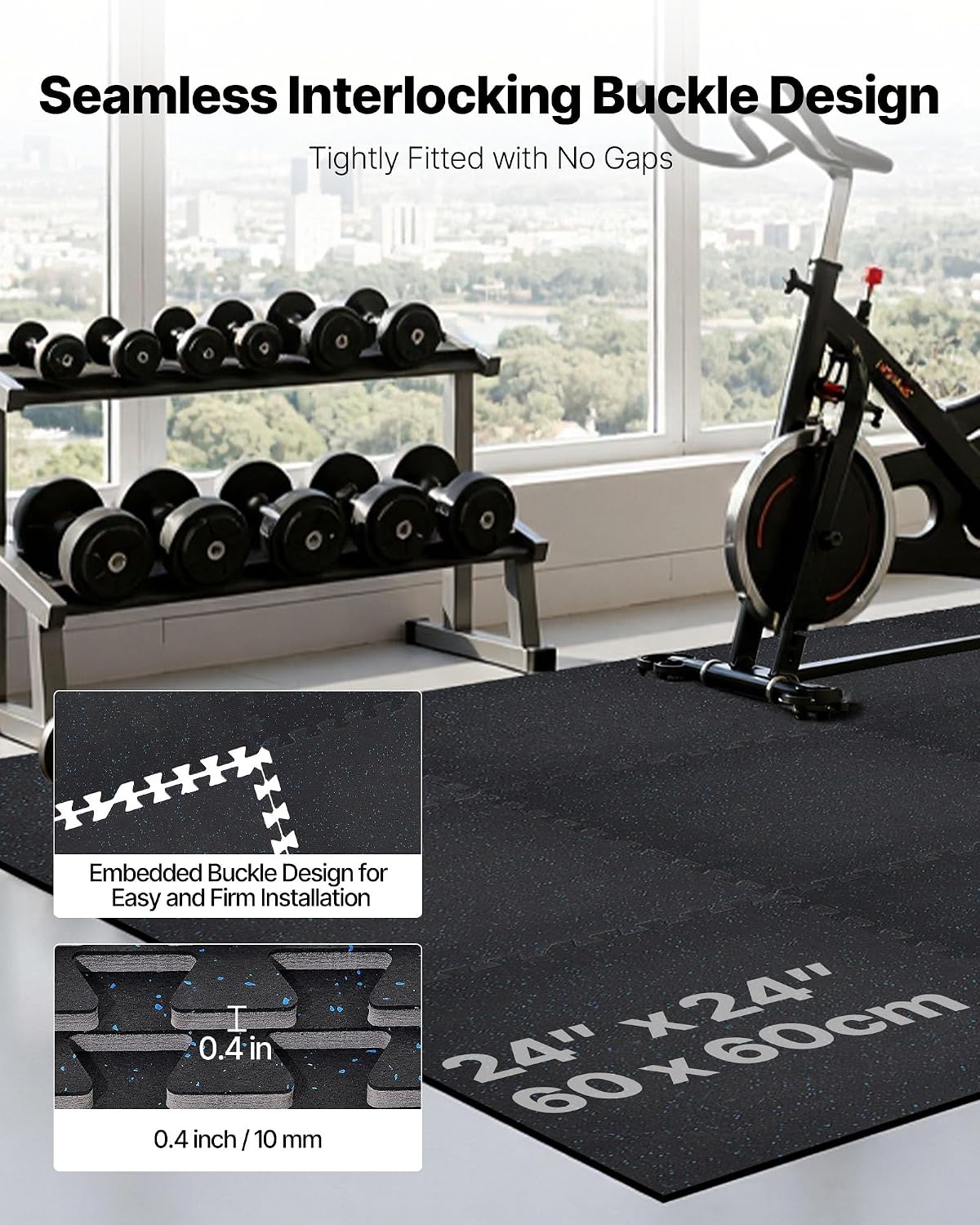 VEVOR 0.4Inch 96sq.ft 24 Tiles Gym Flooring for Home Gym, Rubber Top with High Density EVA Foam, 24 x 24In Gym Floor Exercise Equipment Mats, Interlocking Gym Mats, Puzzle Workout Mats, Black & Blue