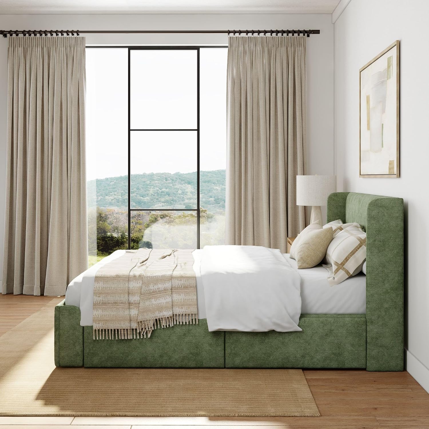 Plank+Beam Upholstered Full Bed Frame with Rectangular Headboard and Two Storage Drawers, Upholstered Platform Bed, No Box Spring Needed, Easy Assembly, Green