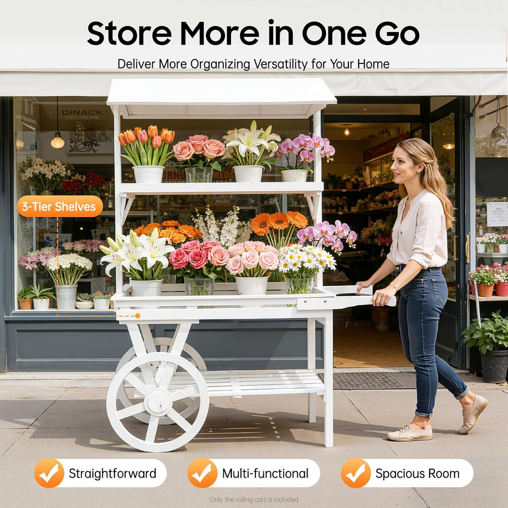 Large Country Market Wooden Rolling Table Cart, Antique Solid Wood Decor Display Rack Cart with Wheels, Rolling Table Carts for Display Various Flowers and Candy (White)