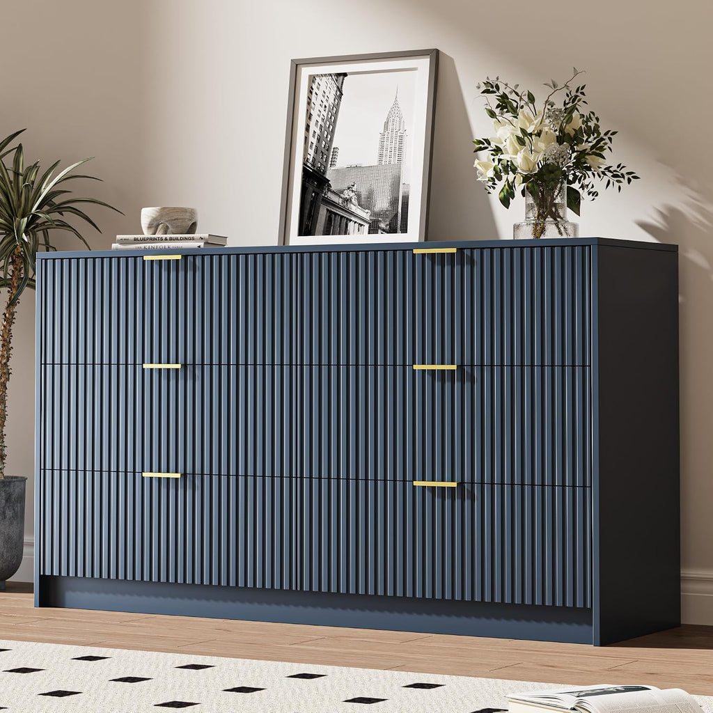 MAISONARIA 6 Drawer Dresser for Bedroom, 55' Wide Modern Chest of Drawers with Gold Metal Handles, Fluted Wood TV Stand for Living Room, Hallway(Navy Blue)