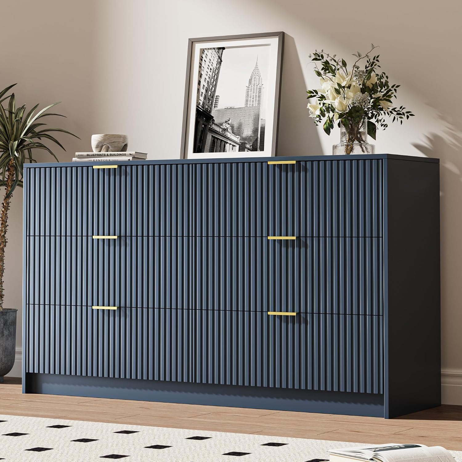 MAISONARIA 6 Drawer Dresser for Bedroom, 55' Wide Modern Chest of Drawers with Gold Metal Handles, Fluted Wood TV Stand for Living Room, Hallway(Navy Blue)
