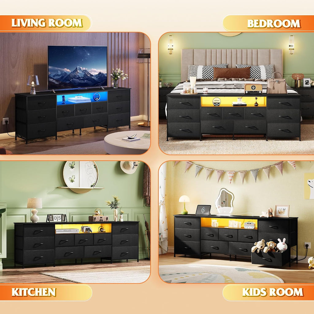 WLIVE 75.5' TV Stand for 65, 75, 80, 85 Inch TV, Dresser for Bedroom with Power Outlets & LED Lights, 11 Drawer Fabric Dresser with Open Shelves, Entertainment Center with Storage, Black