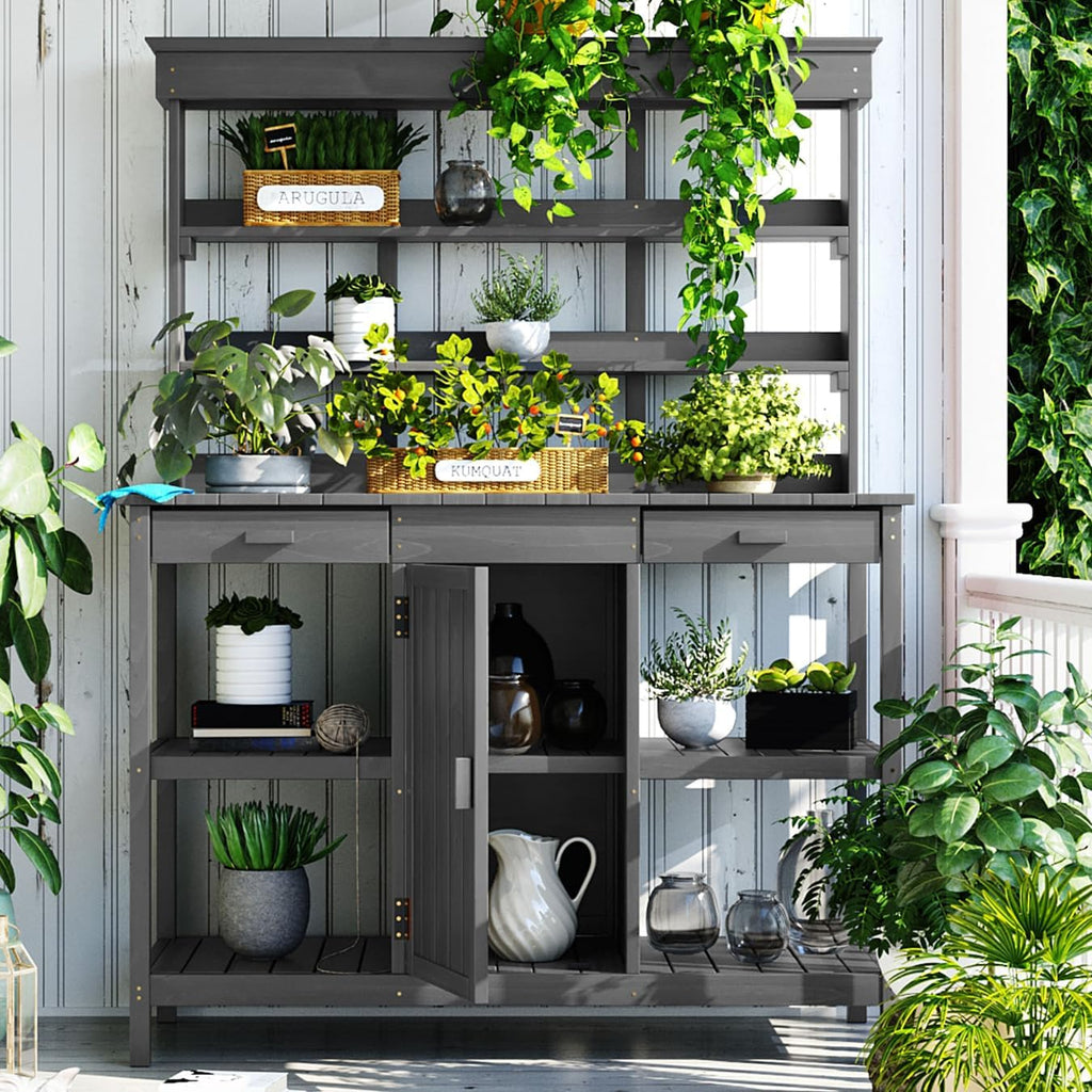 Outdoor Garden Potting Bench Table - 66' Large Wooden Potting Bench Table Garden Workstation with 2 Drawers, Cabinet and Open Shelves for Backyard, Mudroom, Gray