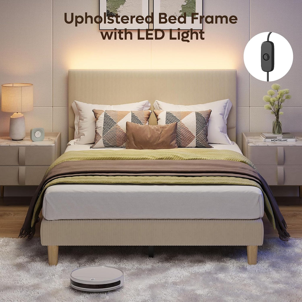 Bestier Full Size Bed Frame with Adjustable Headboard,LED Lighting,Vertical Channel Tufted Corduroy Upholstered, Solid Wooden Slats Support,No Box Spring Needed,Never Squeaks,Easy Assembly, Taupe