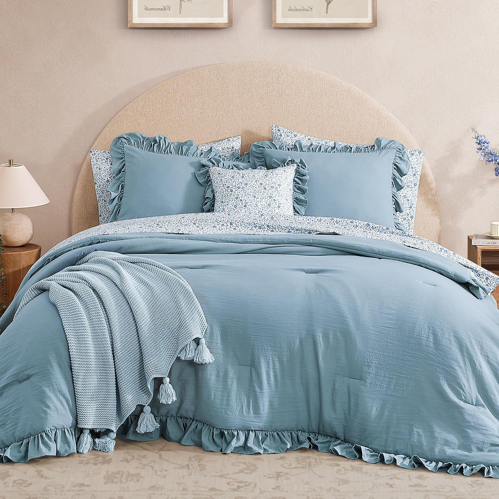 BLOOMHAVEN Oversized King Comforter Set - 7 Pieces Ruffle Blue Bedding Sets, Shabby Chic Farmhouse Bed in a Bag with Ruffle Comforter, Floral Sheets, Pillowcases & Shams