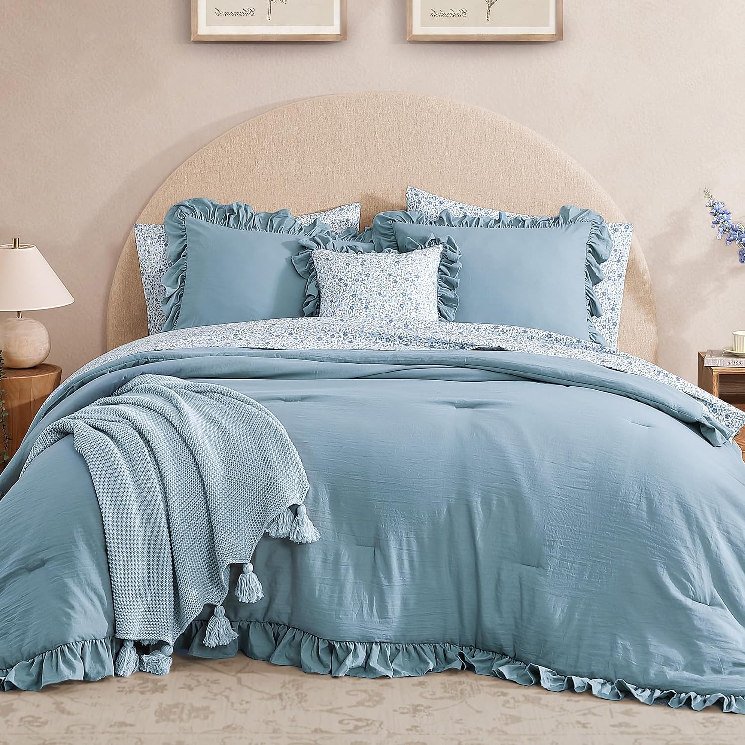 BLOOMHAVEN Oversized King Comforter Set - 7 Pieces Ruffle Blue Bedding Sets, Shabby Chic Farmhouse Bed in a Bag with Ruffle Comforter, Floral Sheets, Pillowcases & Shams