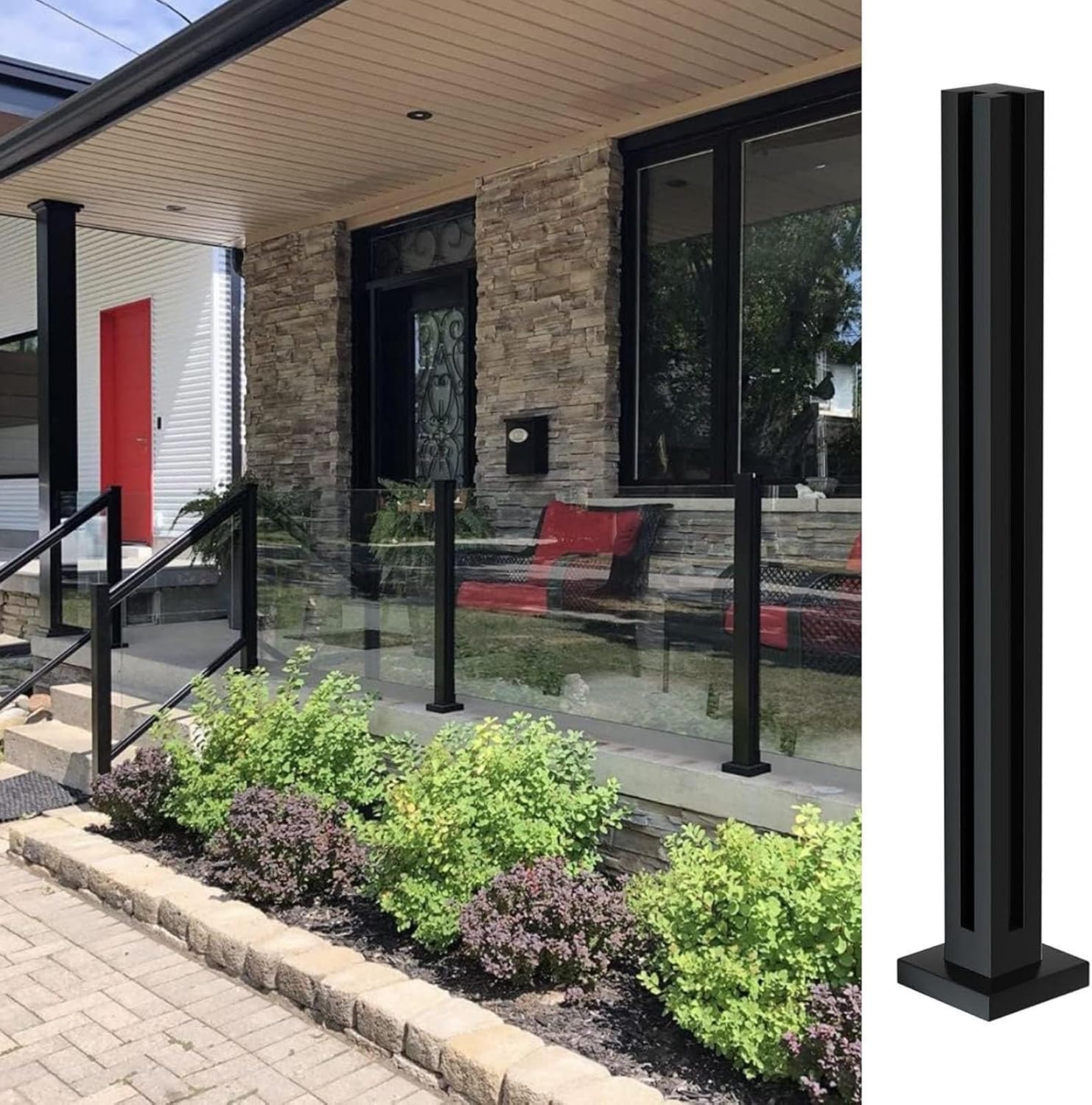 Glass Railing Post with Spigots Slots for 3/8' or 1/2' Glass- Black Stainless Steel Square Glass Balustrade Post System for Deck, Steps, Balcony, Pool, Garden, Patio Stairs ( Color : Corner Post , Siz