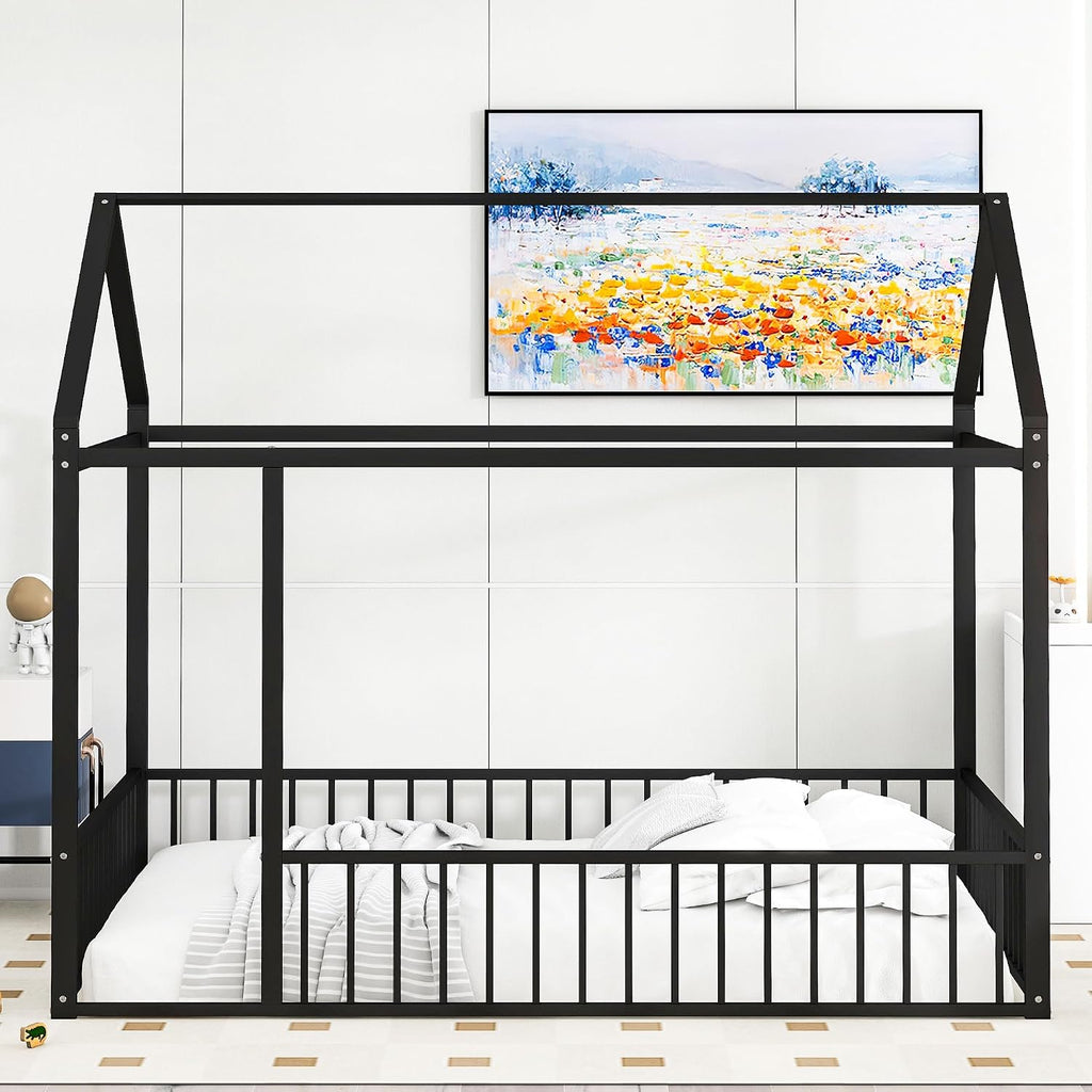 Bellemave Full Size House Floor Bed with Rails and roof, Metal House Bed for Kids, Montessori Floor Beds for Kids, Black