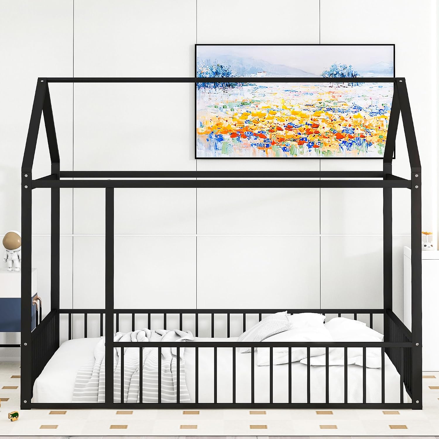Bellemave Full Size House Floor Bed with Rails and roof, Metal House Bed for Kids, Montessori Floor Beds for Kids, Black
