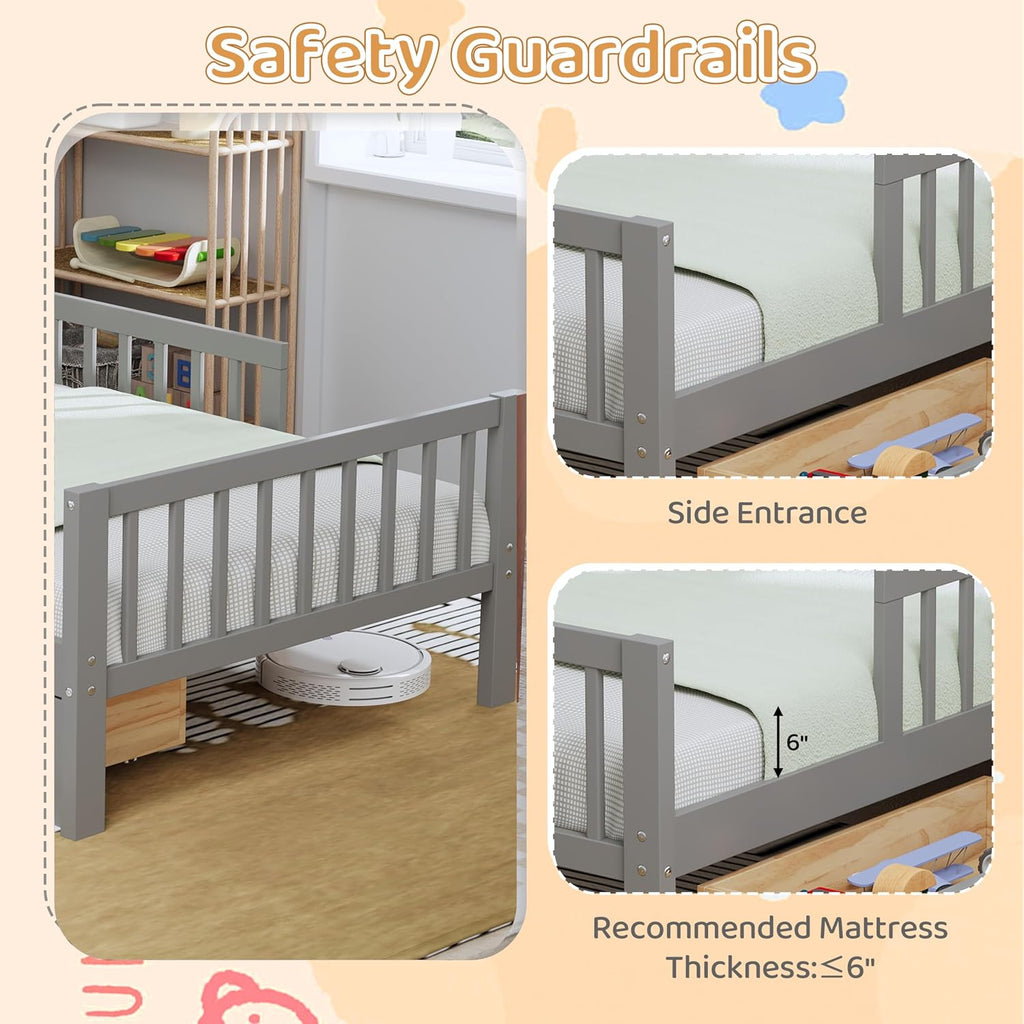 Kids Twin Size Bed Frame with Storage Drawers and Bookcase,Wood Twin Bed Frames for Kids,Twin Bed Frame with Headboard and Footboard for Boys Girls,No Box Spring Needed,Gray