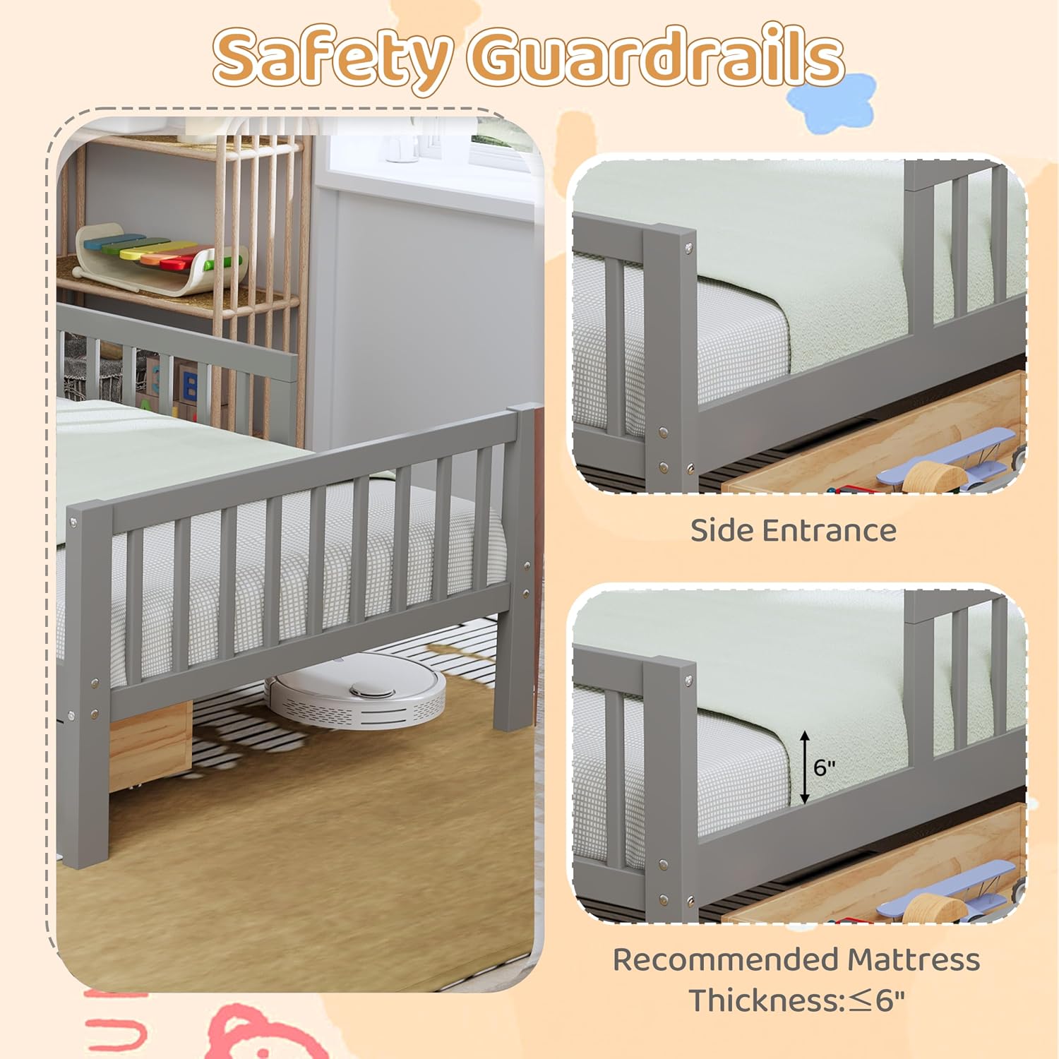 Kids Twin Size Bed Frame with Storage Drawers and Bookcase,Wood Twin Bed Frames for Kids,Twin Bed Frame with Headboard and Footboard for Boys Girls,No Box Spring Needed,Gray