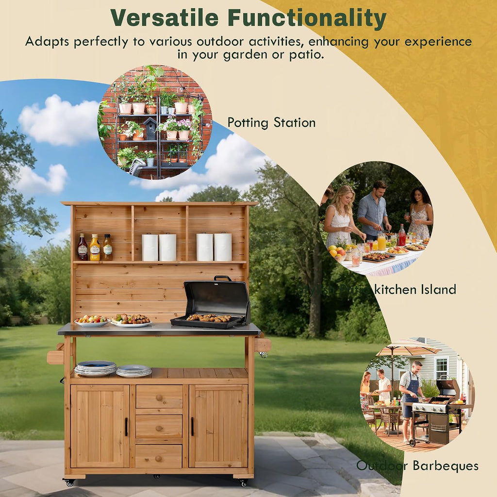 Outdoor Garden Potting Bench, Table Work Bench Metal Tabletop with Potting Bench Table Large Outdoor Kitchen Island Prep Station Cabinet Drawer Open Shelf Natural Wood (Natural)