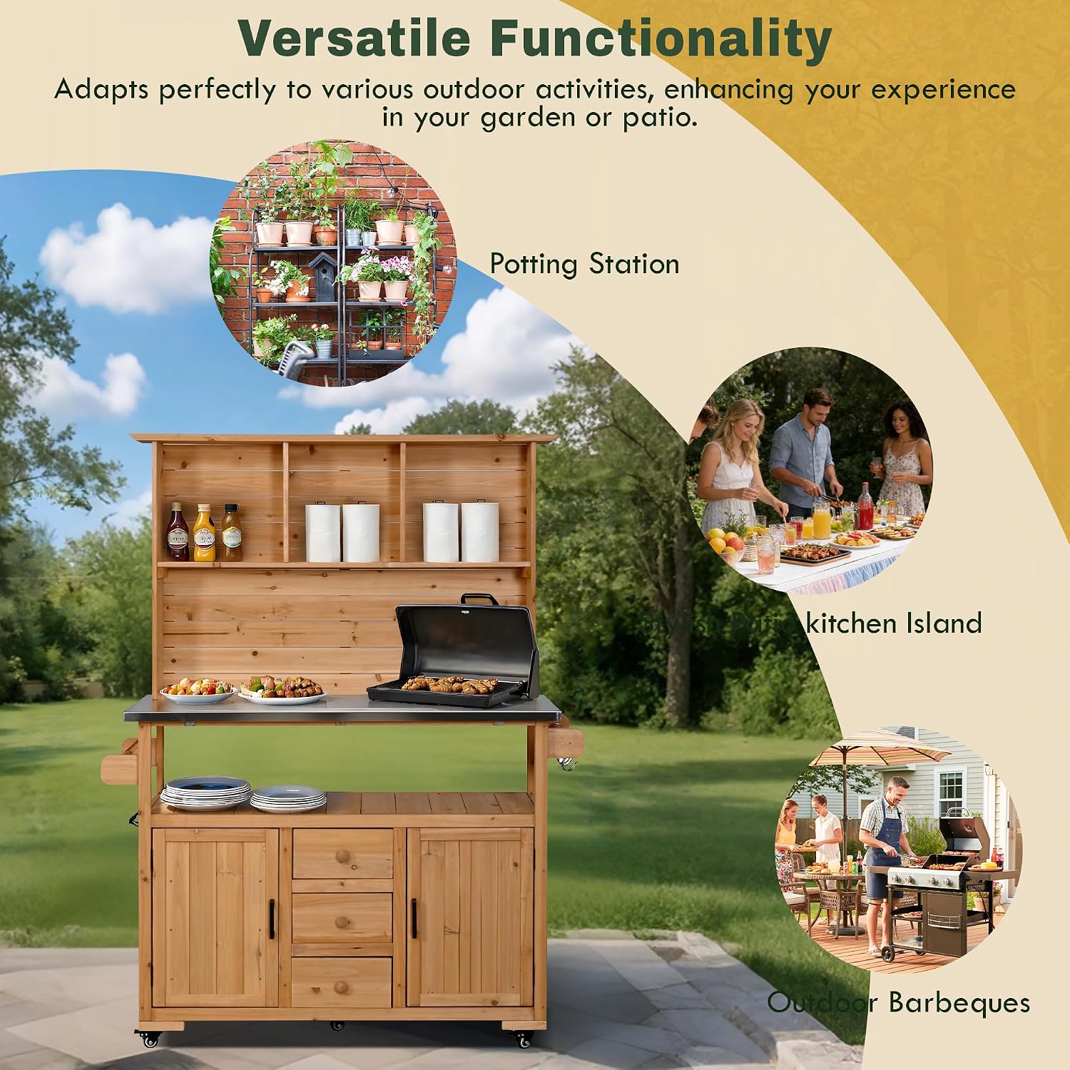 Outdoor Garden Potting Bench, Table Work Bench Metal Tabletop with Potting Bench Table Large Outdoor Kitchen Island Prep Station Cabinet Drawer Open Shelf Natural Wood (Natural)