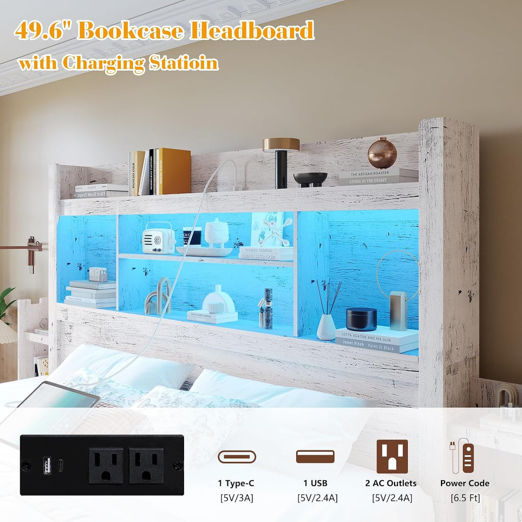 LUXOAK Queen Bed Frame with 49.6' Bookcase Headboard & 4 Drawers & 2 Detachable Bedside Stoage Racks, Farmhouse Wood Bed Frame with RGB LED & Charging Station, No Box Spring Needed, Distressed White