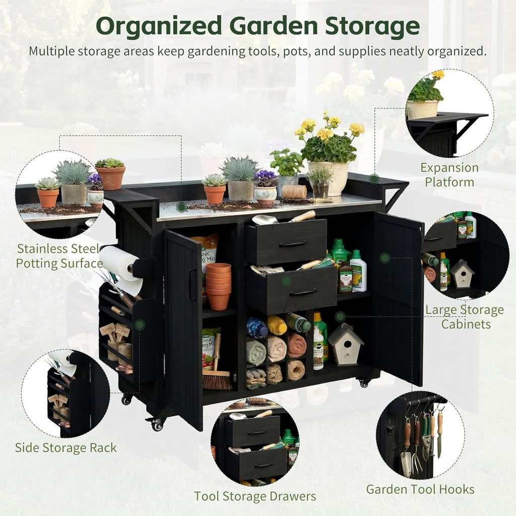Modern 60.2''W Outdoor Kitchen Island with Wheels,Rolling Patio BBQ Cart with Stainless Steel Top,Wood Grill Cart with Spice Rack&Wine Rack,2 Drawers (Black-T)