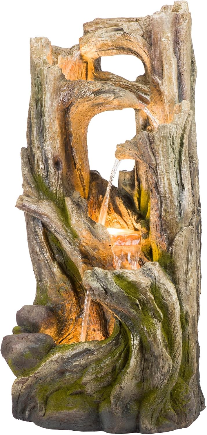 Alpine Corporation WIN1520 59' Indoor/Outdoor Floor 5-Tiered Tree Bark Water Fountain, Cascading Mossy Wood Waterfall Feature for Garden, Patio, and Yard, Brown