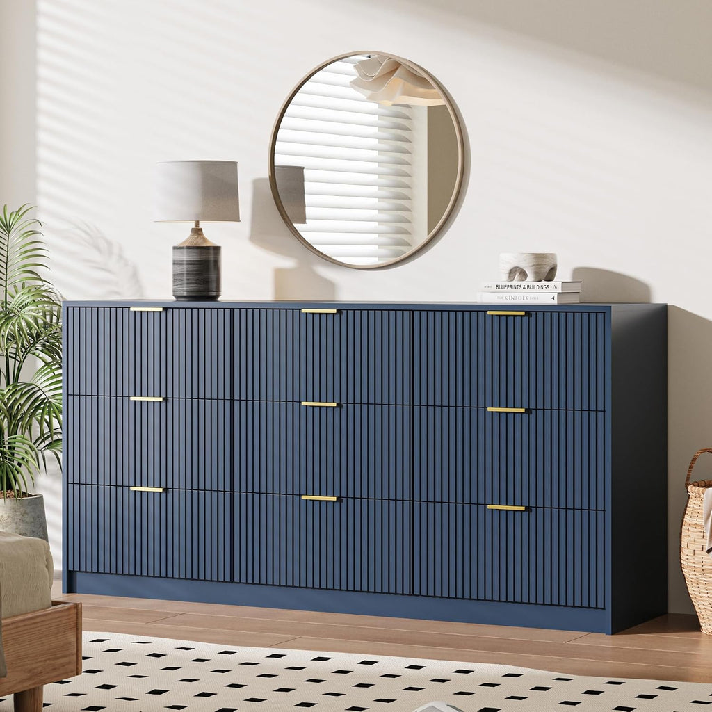 MAISONARIA Navy 9 Drawer Dresser for Bedroom, 63' Wide Modern Fluted Dresser with Gold Metal Handles, Chest of Drawers for Bedroom, Living Room, Entryway, Hallway