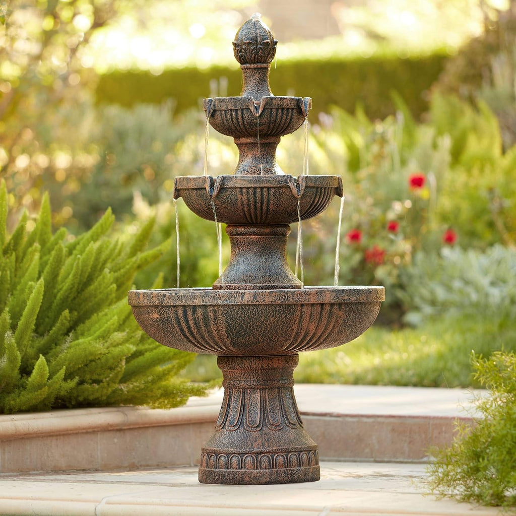 Ravenna 43' High Large Italian Indoor Outdoor Decor Faux Stone Floor Fountain Standing Waterfall 3-Tier Basin Tall Water Feature for Outside Garden Patio Yard Backyard Porch Deck - John Timberland
