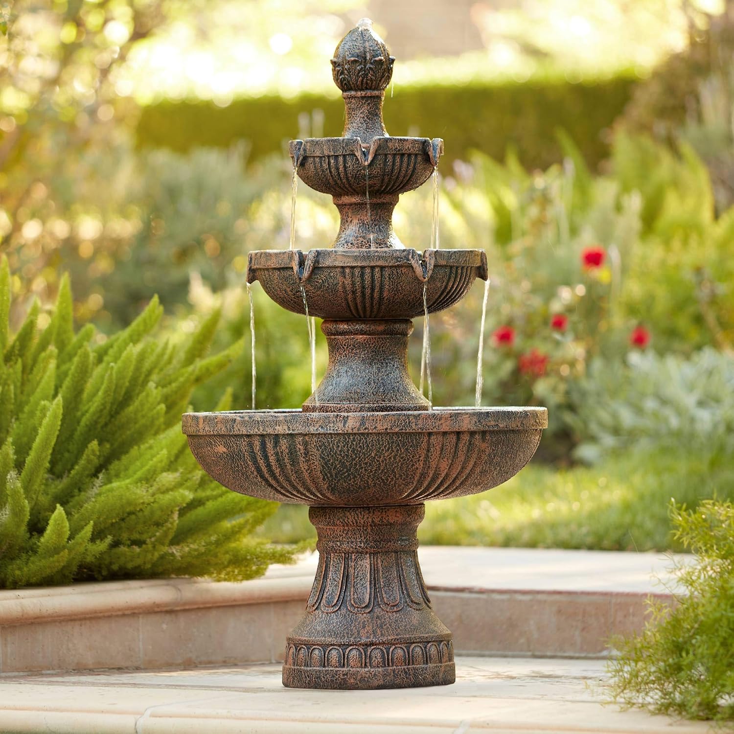 Ravenna 43' High Large Italian Indoor Outdoor Decor Faux Stone Floor Fountain Standing Waterfall 3-Tier Basin Tall Water Feature for Outside Garden Patio Yard Backyard Porch Deck - John Timberland