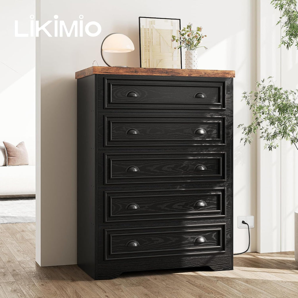 LIKIMIO 43' Tall 5 Drawers Dresser for Bedroom, Power Strip, Farmhouse Large Wood Dressers & Chest of Drawers with Wide Storage Cabinet, Black
