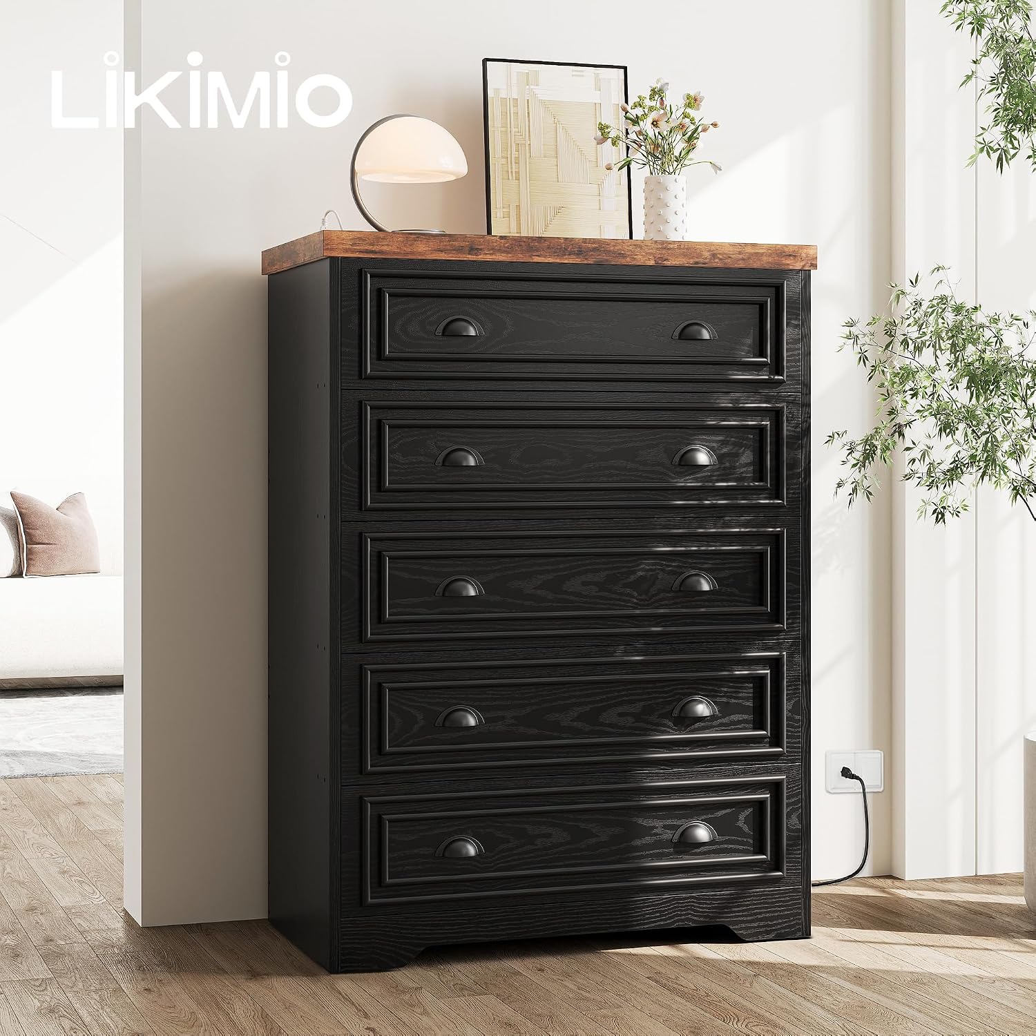 LIKIMIO 43' Tall 5 Drawers Dresser for Bedroom, Power Strip, Farmhouse Large Wood Dressers & Chest of Drawers with Wide Storage Cabinet, Black