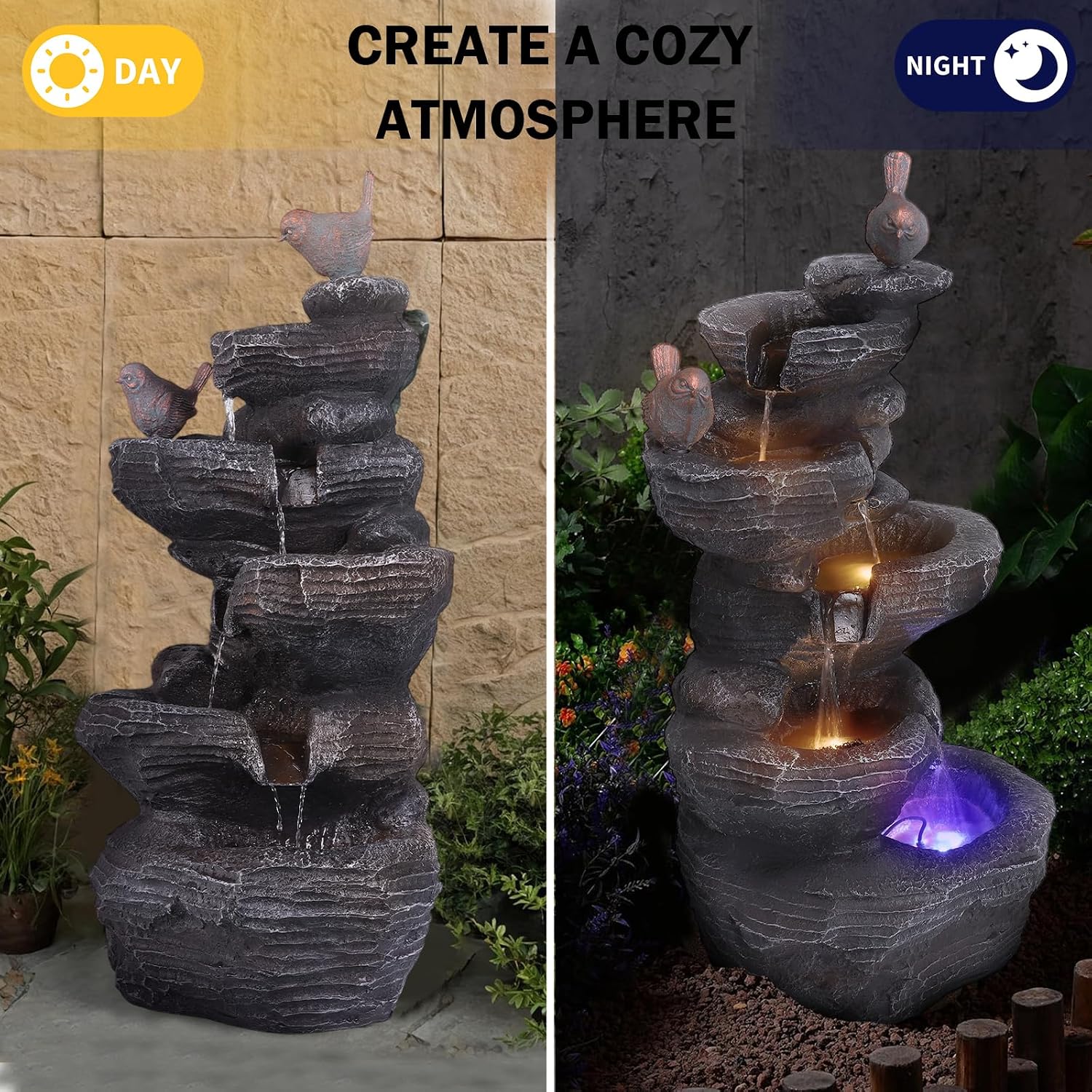 Generic Resin Stone Imitation Waterfall with LED Lights Desktop Waterfall Fountain Tabletop Fountain Relax Meditation Decor for Home Office