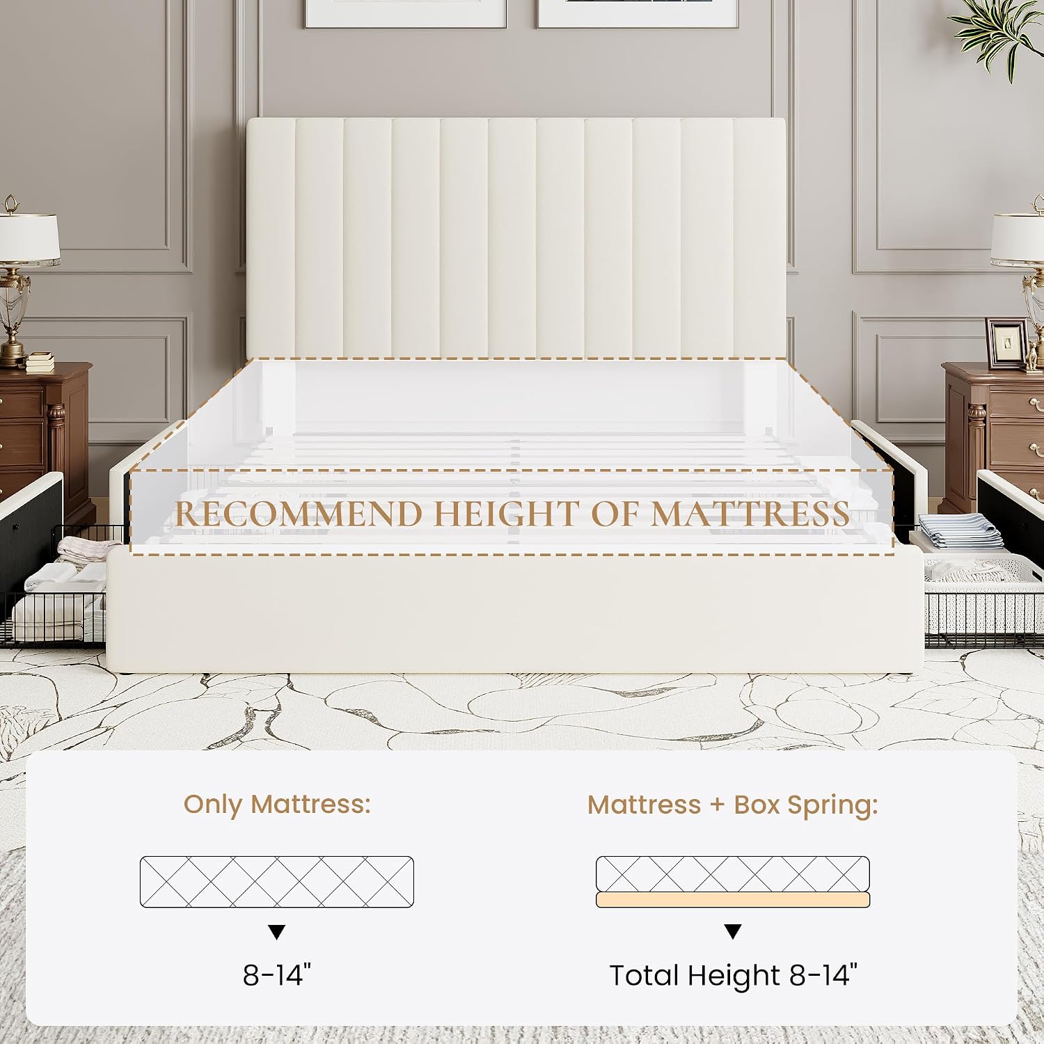 SHA CERLIN Full Size Platform Bed Frame with 4 Storage Drawers, Vertical Channel Tufted Adjustable Headboard, Velvet Upholstered, Wooden Slats Support, No Box Spring Needed, Easy Assembly, Cream
