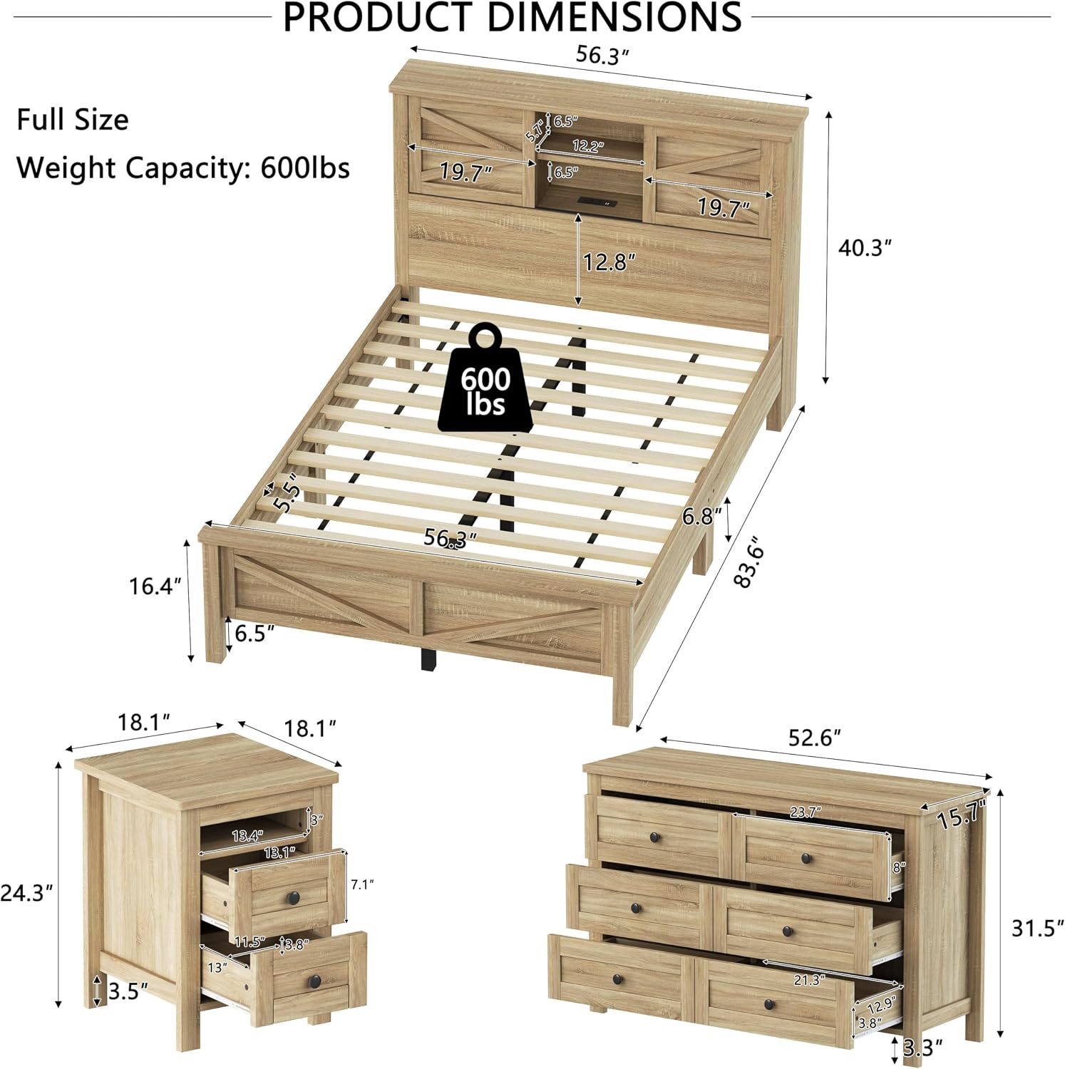 Polibi 3-Pieces Bedroom Sets Full Size Platform Bed with Double Sliding Door Charging Headboard, Socket & USB, Includes Bedside Table and Dresser, Natural