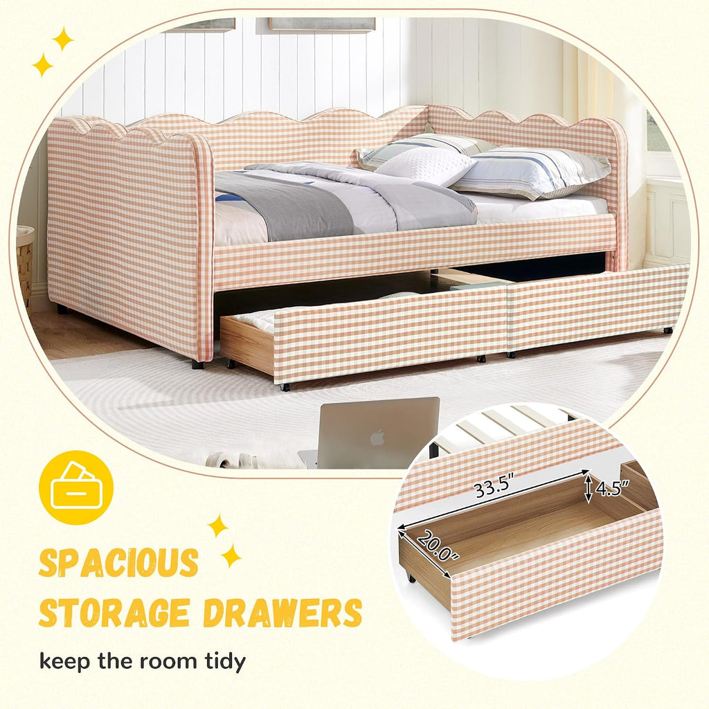 DEINPPA Full Size Upholstered Daybed with 2 Storage Drawers, Gingham Daybed with USB Ports for Bedroom Living Room Guest Room-Pink