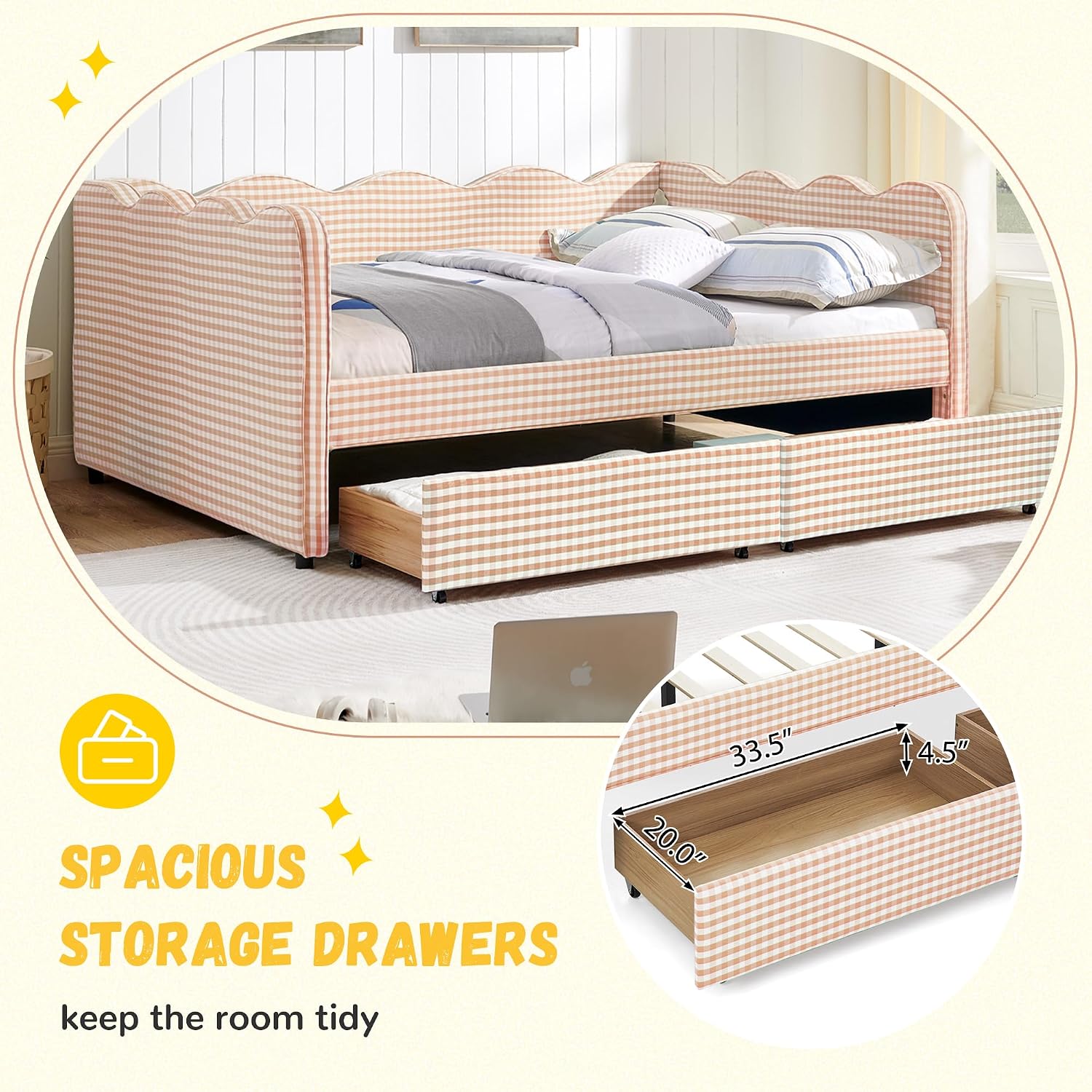 DEINPPA Full Size Upholstered Daybed with 2 Storage Drawers, Gingham Daybed with USB Ports for Bedroom Living Room Guest Room-Pink
